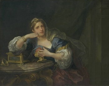 <i>Sigismunda Mourning over the Heart of Guiscardo</i> (1759) illustrates a dramatic scene from Gio-vanni Boccaccio's celebrated medieval novel. Inside the golden chalice is the heart of Sigismun-da's husband, who had been murdered by her father.