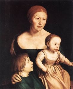 <i>The Artist's Family</i> (1528) is a somewhat unflattering portrait shows Holbein's wife with their two eldest children, Philip and Katherina. She looks tired, perhaps an indicator of the relationship between husband and wife, who spent many years apart, with Elsbeth left to care for their children alone.