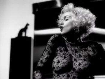 A still from Madonna's <i>Vogue</i> music video showing lighting effects and imagery reminiscent of Horst's work, 1990