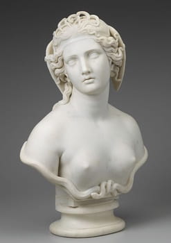 <i>Medusa</i> (1854). Rather than presenting her as the fearsome gorgon who turned all who looked at her to stone, Hosmer's <i>Medusa</i> gave a glimpse of the woman she might have been had Athena not taken revenge on her for her relationship with Poseidon.
