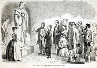 Illustration from <i>Harper's Weekly</i> magazine (volume 3) published on May 7, 1859. It depicts the Prince of Wales visiting Hosmer's studio. He was the proud owner of two of her sculptures.