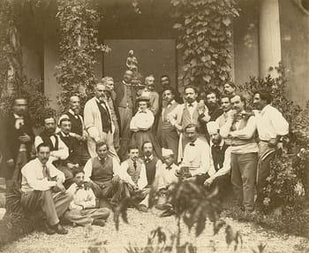 Hosmer pictured in the center among her 20-strong team of assistants in her Roman studio in 1867.