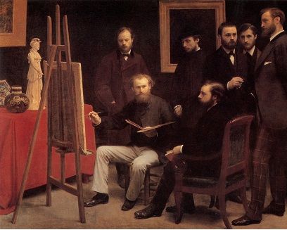 <i>A Studio in the Batignolles</i> (1870) by Henri Fantin-Latour features Édouard Manet painting, surrounded by fellow artists including Auguste Renoir, Claude Monet, and Frederic Bazille.