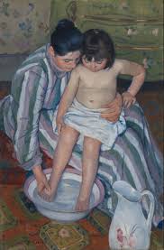 The Child's Bath (1893) by Mary Cassatt is an example of the intimate domestic scenes sometimes depicted by women Impressionists.