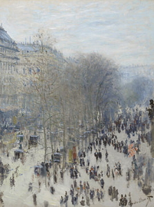 Monet's <i>Boulevard des Capucines</i> (1873-74), a typical Impressionist cityscape. The portrait framing, unusual for a landscape painting, emphasizes the human's-eye view of the scene.