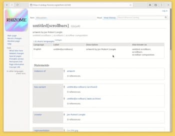Full view of an artwork record in Rhizome's Wikibase Catalog. The name Rhizome is derived from the botanical term referring to the network of roots and stems that link up and branch out underground, a metaphor for network connectivity.