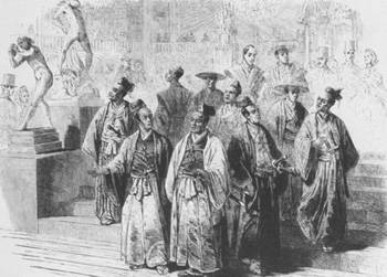 <i>The International Exhibition of 1862 -The Japanese Embassy at the International Exhibition</i>, from <i>The Illustrated London News</i> (May 24, 1862) depicts a Japanese delegation arriving at the International Exhibition.