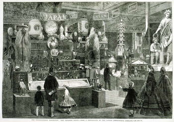 From <i>The Illustrated London Times</i> (20 September, 1962), this illustration, <i>The International Exhibition of 1862 - Japanese Court</i> shows a man with his two children looking at a display a variety of Japanese objects (in the background appears a display from Siam).