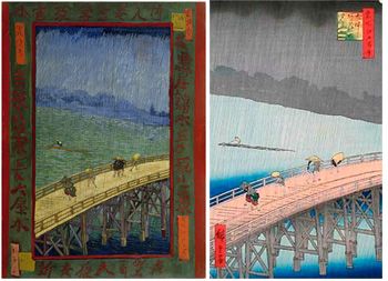 As a self-taught artist, Vincent van Gogh often copied images as a way of studying them. In his <i>Bridge in the Rain (after Hiroshige)</i> (1887), he heightened the color contrasts and added a fanciful painted frame but retained the composition of the original <i>Sudden Shower over Shin-Ōhashi bridge and Atake</i> as shown on the right.