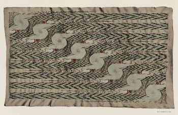 Hermann Obrist's design for a carpet (1895) in his Munich studio uses an abstract pattern of contrasting diagonal, horizontal and vertical lines, with a spiraling vortex diagonally intersecting the plane, to create a kind of schematic of dynamic movement.