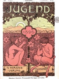 This cover image of <i>Die Jugend</i> (May 30, 1896) showing a nymph and satyr uses the distinctive typography associated with the magazine and the movement.