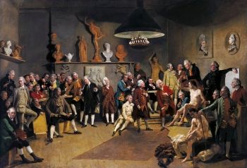 <i> الأكاديميون في الأكاديمية الملكية </ i> بواسطة يوهان جوزيف زوفاني (1771-1772).  هنا يمكن للمرء أن يرى أن المؤسسين الذكور للأكاديمية موجودون جميعًا شخصيًا ، بينما تم عرض المؤسستين ، بما في ذلك كوفمان ، كلوحات على الحائط.