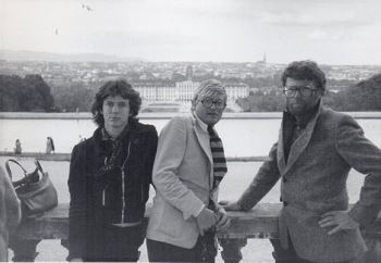 From right: R.B. Kitaj, David Hockney, and friend. Photograph by Sandra Fisher (1974)