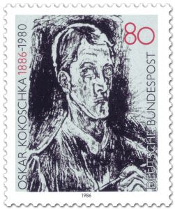 The German stamp celebrating 100 years anniversary of Kokoschka's birth. Based on the <i>Self-Portrait (bust with pen)</i> (1914)