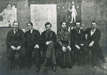 Mikhail Larionov, Sergey Mikhailovich Romanovich, Vladimir Andreevich Obolensky, Natalia Goncharova, Moris Albertovich Fabbri and Alexander Vasilyevich Shevchenko at the Donkey's Tail exhibition, 1913
