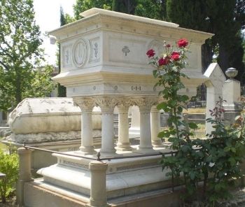 The tomb of the English poet Elizabeth Barrett Browning in the English Cemetery in Florence (1860), designed by Leighton.