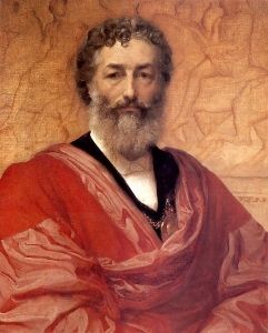 Painted sixteen years before his death, Leighton's <i>Self Portrait</i> (1880) combines the propriety of a Victorian Gentleman's black and white garments with rich red fabric and a background of classical reliefs.