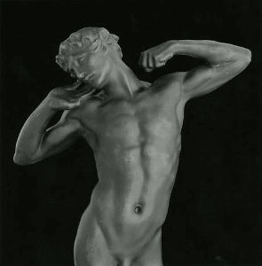 One of Robert Mapplethorpe's photographic treatments of Leighton's work <i>The Sluggard</i> (1988). With the dark background and suggestive positioning of the frame, Mapplethorpe treats the statue exactly as if it were one of his real male models.