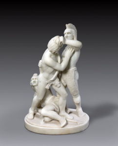 <i>Indian Combat</i> (1868) is a good example of Lewis' portrayals of numerous Native American subjects. It is prized for the artist's attention to textural and surface details, as well as for its complexity involving three figures. It was unknown until it appeared in 2010 at an auction, in which it was competitively acquired by the Cleveland Museum of Art.