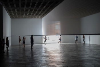 Robert Irwin's <i>Scrim veil - Black rectangle - Natural light</i> (1977), made for the fourth floor of the Whitney Museum, uses a white polyester scrim which, illuminated by the light from the room's one window, casts a gray scale gradient across the interior.