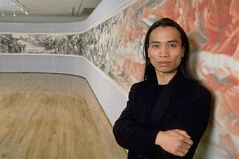 Liu Dan in 1993, in front of his large scaled Ink Handscroll at the San Diego Museum of Art (1990)