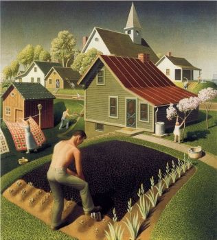 جرانت وود ، <i> الربيع في المدينة </ i> (1941) يرتبط عادةً بالإقليمية في ثلاثينيات القرن العشرين ، وغالبًا ما قام وود بدمج عناصر الواقعية السحرية في لوحاته.