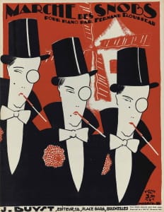 Magritte designed sheet music covers, including this 1924 piano music cover for “Marche des Snobs”