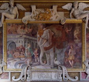 يجسد الفيل </ i> لـ Rosso Fiorentino (حوالي 1536) في Château de Fontainebleau نقوشه على الجص من خلال عمل الشريط الذي يمزج الإطار مع الكروبيم العاري في اللوحة الداخلية والتنين الذهبي.