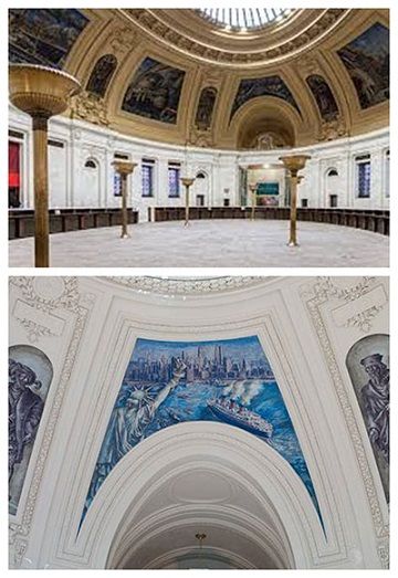 Reginald Marsh's murals on display in the Alexander Hamilton U.S. Custom House, New York, New York. Bottom image is <i>Passing the Statue of Liberty</i> (1937) part of his sixteen murals located in the rotunda