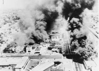 Living in Watts, California, at the time of the 1965 Watts riots, was a powerful early experience that led Marshall to take up contemporary Black issues in his art.