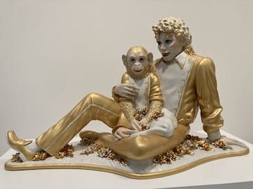 Jeff Koons, <i>Michael Jackson and Bubbles</i> (1988). Jackson was known for living in state of chilhood fantasy and for attempts to reinvent his image by means of plastic surgery.