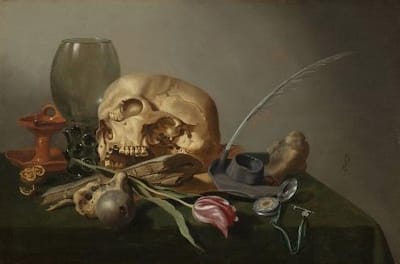 Pieter Claesz, <i>Vanitas</i> (c. 1630). Arts writer Fraser Hibbitt states, “the singular reason for viewing a Vanitas painting [was] to remember one's death”.