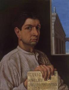 Giorgio de Chirico's <i>Self-Portrait</i> (1920) realistically depicts the artist in a dark room where a classical façade looms outside the window and the book he holds announces “Metaphysical Painting.”