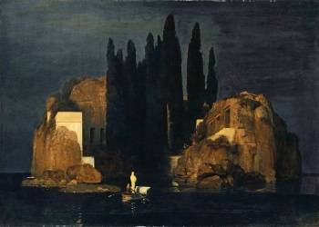 Arnold Böcklin's <i>Die Toteninsel</i> (Isle of the Dead) (1880) conveys a sense of mystery with its isolated figure approaching an island of classical buildings and looming shadows.