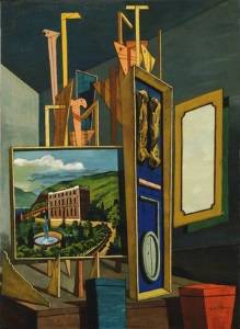 Giorgio de Chirico's <i>Great Metaphysical Interior</i> (1917) innovatively composes a group of paintings as a still life.