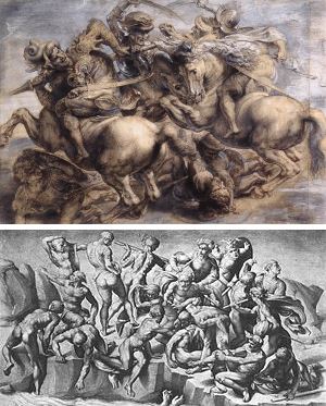 أعلاه: ليوناردو دافنشي ، <i> معركة أنغياري </ i> (1503-1505) ، نسخة بيتر بول روبنز (1603) بناءً على نقش على اللوحة الجدارية المفقودة.  أدناه: مايكل أنجلو ، <i> The Battle of Cascina </i> ، نسخة بواسطة Aristotele da Sangallo (1542) استنادًا إلى رسومات مايكل أنجلو التحضيرية للجص