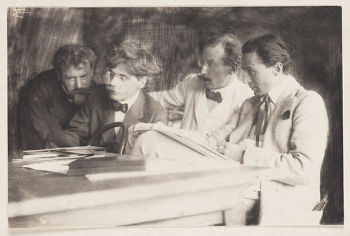 Frank Eugene's Pictorialist photograph<i> Frank Eugene, Alfred Stieglitz, Heinrich Kuhn and Edward Steichen admiring the work of Eugene</i> (1907)