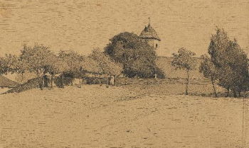 <i>View of Worpswede</i> (1904). This washed pen and ink drawing of Worpswede, Germany was created by Paula Modersohn-Becker's husband Otto Modersohn.