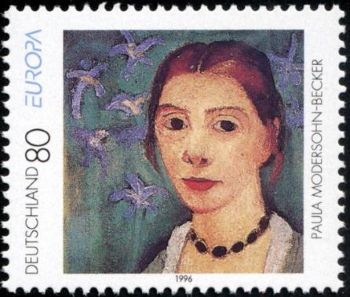 1996 German stamp from the Deutsche Post AG service featuring a self-portrait of Paula Modersohn-Becker.