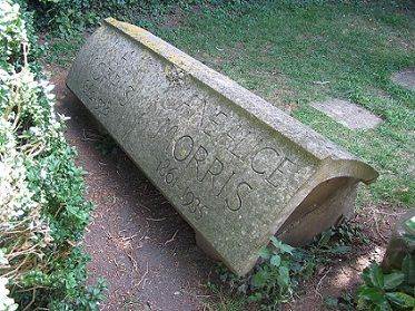 The grave of William Morris, where his wife was later buried. Morris was buried in Kelmscott, near his previous country home, beneath a tombstone designed by his friend and collaborator Philip Webb.