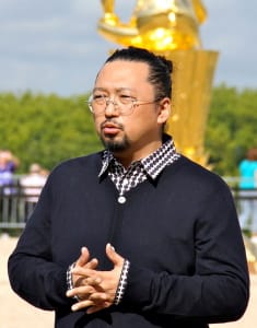 Takashi Murakami being interviewed at Versailles in 2010.