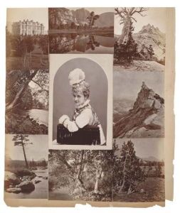 Page from a photo album discovered by Melford F. Brandenburg in 1950, containing many copies of Muybridge's work. The scrapbook is thought to have belonged to Flora. This page shows Muybridge's shot of the University of California at Berkeley, several of his Yosemite pictures, and a portrait of a woman, perhaps Flora herself.