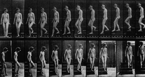 <i>Woman Walking Down Steps</i> (1887). One of hundreds of studies that Muybridge documented of people and animals doing various tasks.