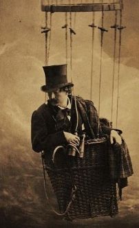 Félix Nadar in the Gondola of a Balloon, 1865. Nadar was so fascinated with hot air balloons by the mid-1860s that he had his studio fitted with a replica, complete with wicker gondola and atmospheric backdrop.