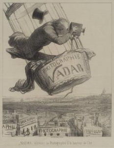 Honoré Daumier, <i>Nadar Elevating Photography to an Art</i>, c. 1862. In this lithograph Daumier depicts Nadar posed precariously in the gondola of his balloon with large format camera and hat flying.
