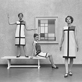Yves Saint Laurent, “Mondrian Collection” dresses by Yves Saint Laurent, shown with a Mondrian painting (1966)