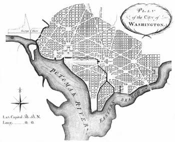 "خطة مدينة واشنطن" لأندرو إليكوت (1792) ، المنقحة من التصميم الأصلي لبيير تشارلز لينفانت وطبعها ثاكارا وفالانس ، تمثل استخدام "نظام الشبكة".