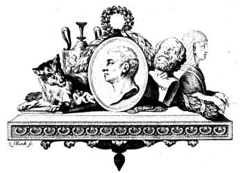 صفحة عنوان مجلد <i> Geschichte der Kunst des Alterhums </i> ليوهان يواكيم وينكلمان.  1 (1776) يظهر وينكلمان في الوسط ، مع تمثال نصفي لهوميروس وأبو الهول على اليمين ، والذئب مع رومولوس وريموس ، مؤسسي روما الأسطوريين على اليسار مع إناء إتروسكان خلفهم.