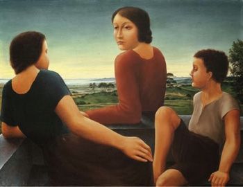 Georg Schrimpf's Figures in a Landscape (1925) exemplifies the monumental figures that were common to the Classicists' style