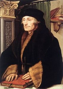 Hans Holbein the Younger's <i>Portrait of Erasmus</i> (1523) depicts the Humanist scholar in his study in a portrait that conveys his intellectual presence.